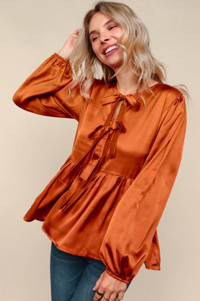 Tied Up in Style Rust Ribbon Blouse - Online Only!