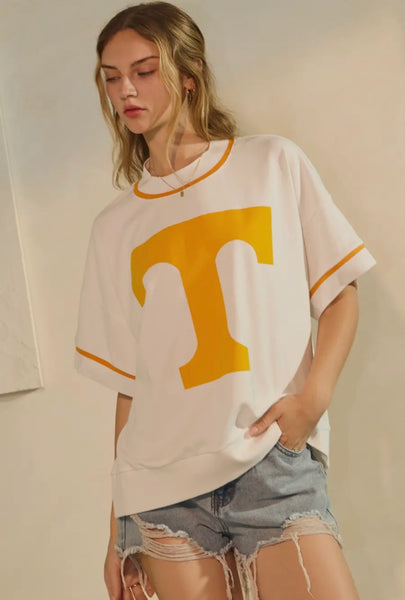 Oversized White & Orange Short Sleeve Game Day Sweatshirt