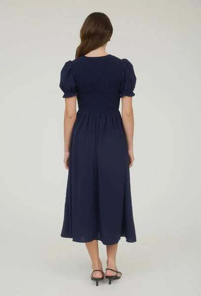 Navy Smocked Tie Puff Sleeve Midi Dress