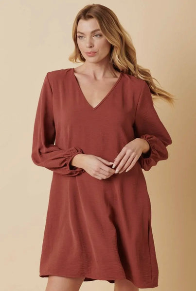 Cinnamon V Neck Balloon Sleeve Dress