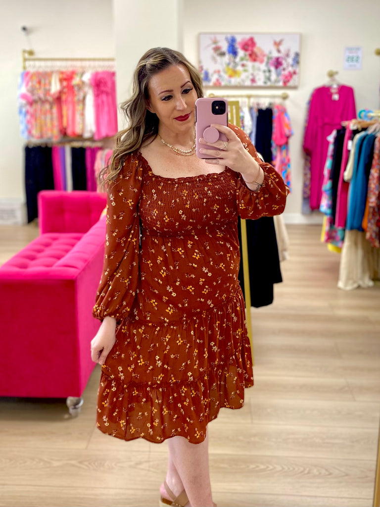 Rust Floral Smocked Tiered Dress