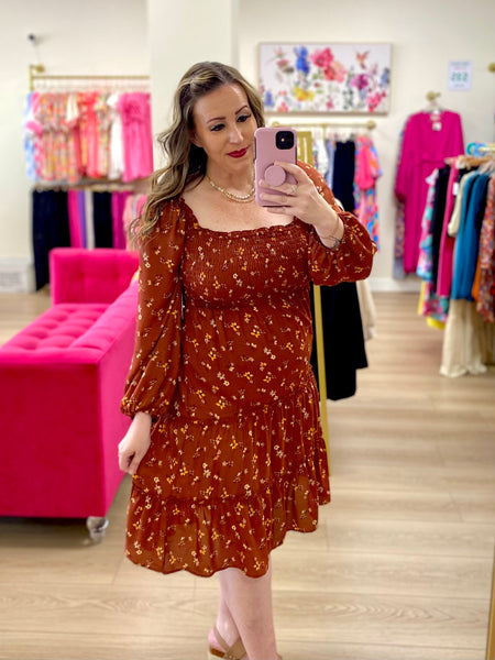 Rust Floral Smocked Tiered Dress