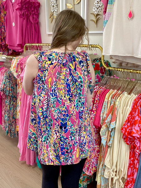 FINAL SALE Pink Vibrant Print Flutter Top