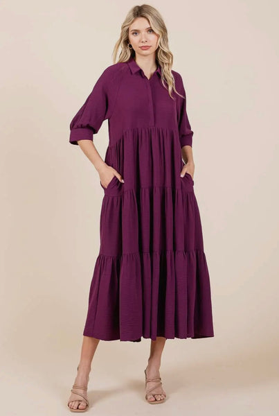 Magenta Button Tiered Maxi Dress