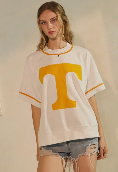 Oversized White & Orange Short Sleeve Game Day Sweatshirt