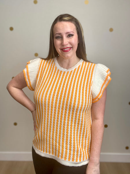 Orange & White Striped Ribbed Cap Sleeve Top