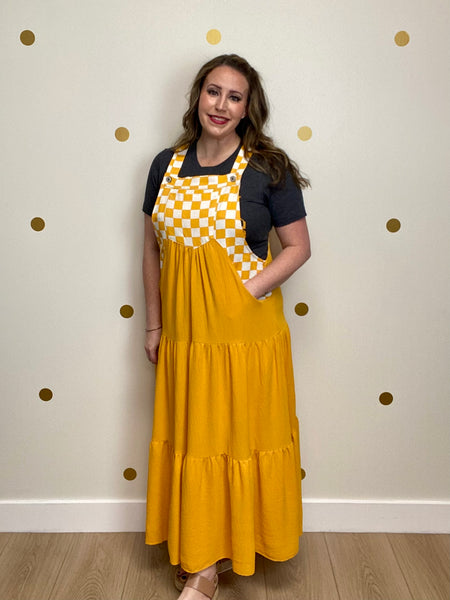 Orange Checkered Overall Pocket Dress