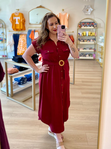 Burgundy Collared Button Down Belted Midi Dress