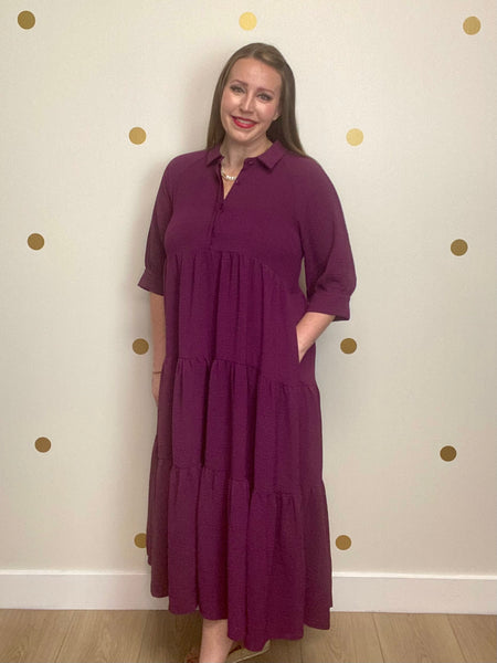 Magenta Button Tiered Maxi Dress
