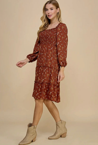 Rust Floral Smocked Tiered Dress