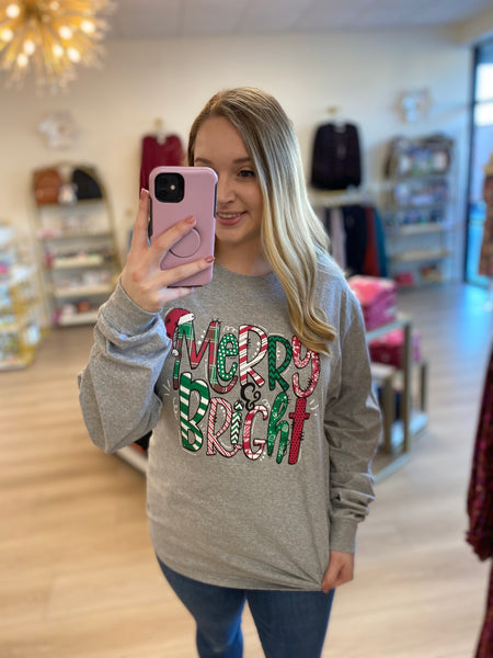 FINAL SALE Gray Merry & Bright Christmas Long Sleeve Tee