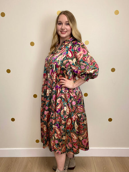 Umgee Teal Green Paisley Midi Dress