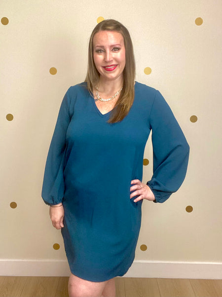 Teal V Neck Balloon Sleeve Dress