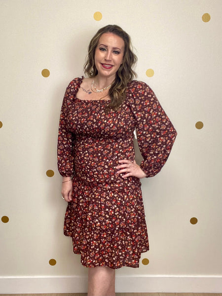 Brown Floral Smocked Tiered Dress