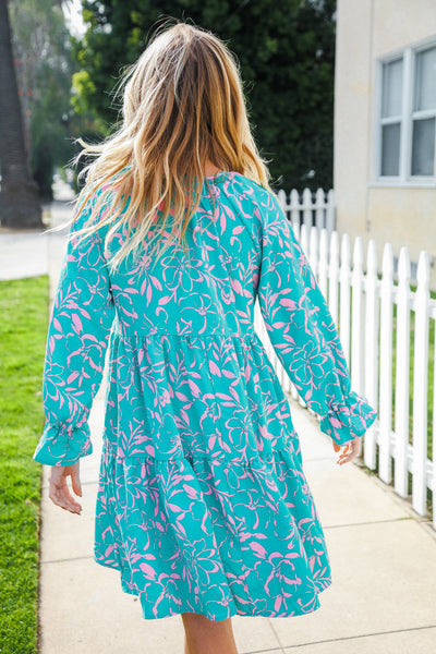 Boho Romance Mint Floral Print Front Ribbon Bow Tiered Dress - Online Only!