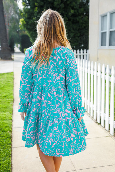 Boho Romance Mint Floral Print Front Ribbon Bow Tiered Dress - Online Only!