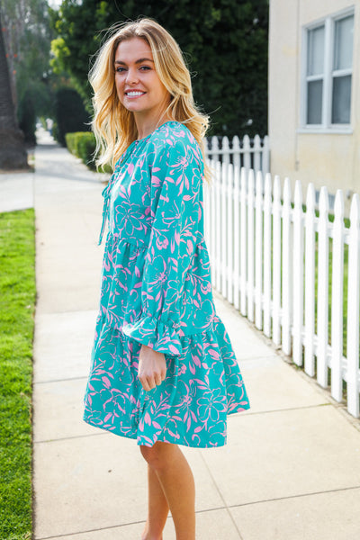 Boho Romance Mint Floral Print Front Ribbon Bow Tiered Dress - Online Only!
