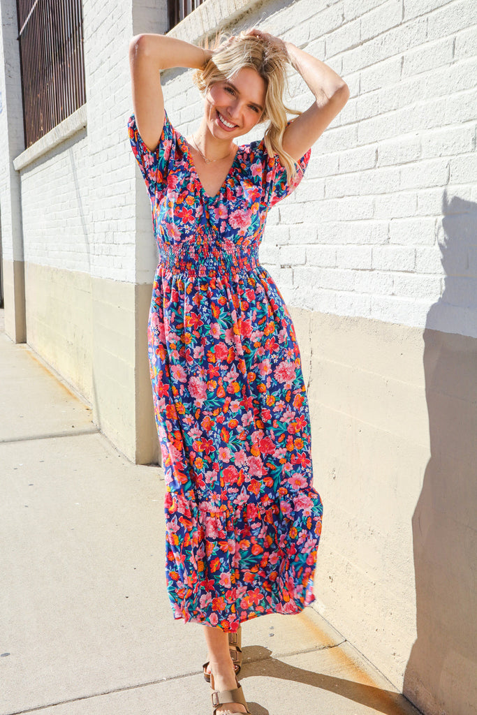 Blue Floral Raglan Puff Sleeves V Neck Smocked Waist Maxi - Online Only!