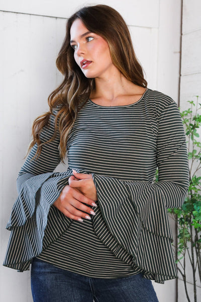 Sassy in Stripes Olive Blouse - Online Only!