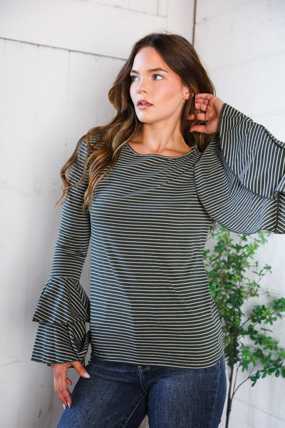 Sassy in Stripes Olive Blouse - Online Only!
