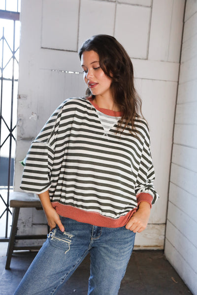 Rust Striped Crew Neck Pullover - Online Only!