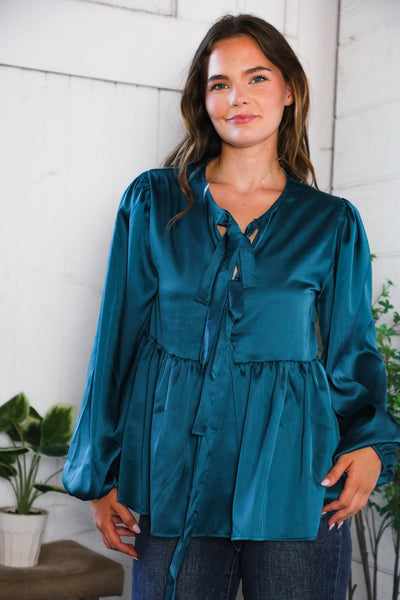 Tied Up in Style Teal Ribbon Blouse - Online Only!