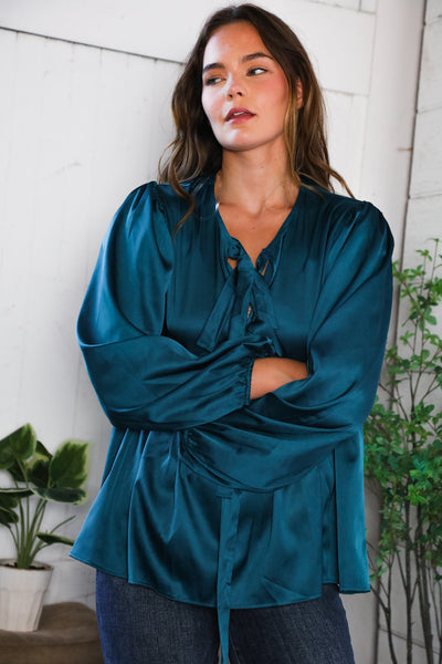 Tied Up in Style Teal Ribbon Blouse - Online Only!