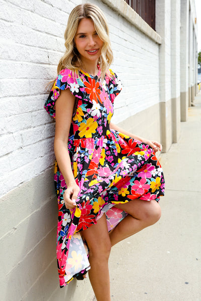 Spread Joy Black & Multicolor Floral Flutter Sleeve Babydoll Dress - Online Only!