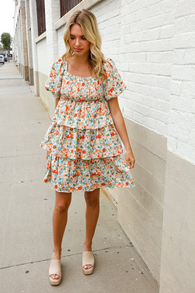 Floral Print Smocked Neck Puff Sleeve Ruffle Tiered Dress - Online Only!