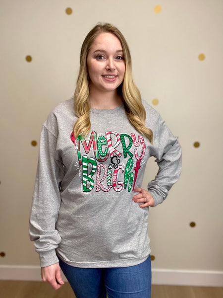 FINAL SALE Gray Merry & Bright Christmas Long Sleeve Tee