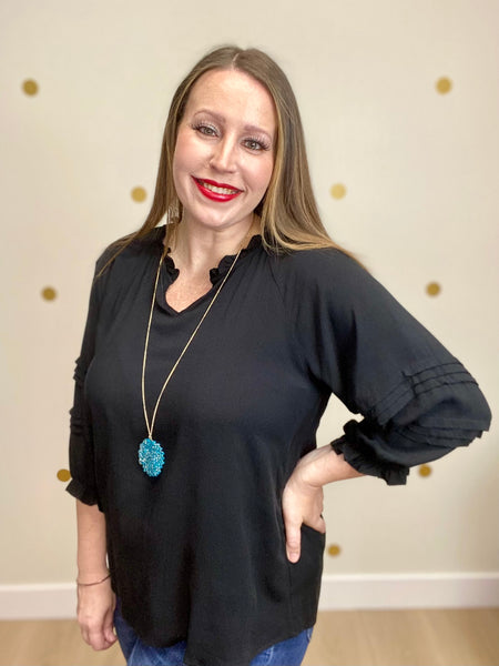Black Ruffle Neck Puff Sleeve Top