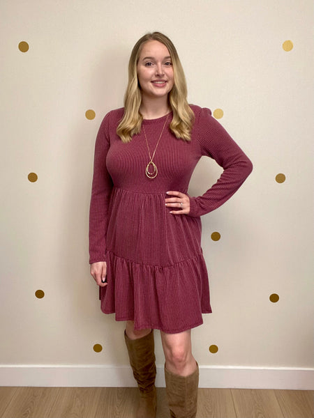 Wine Ribbed Tiered Dress
