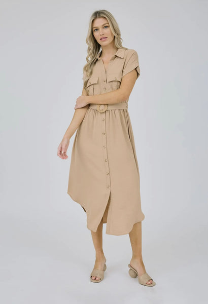 Mocha Collared Button Down Belted Midi Dress