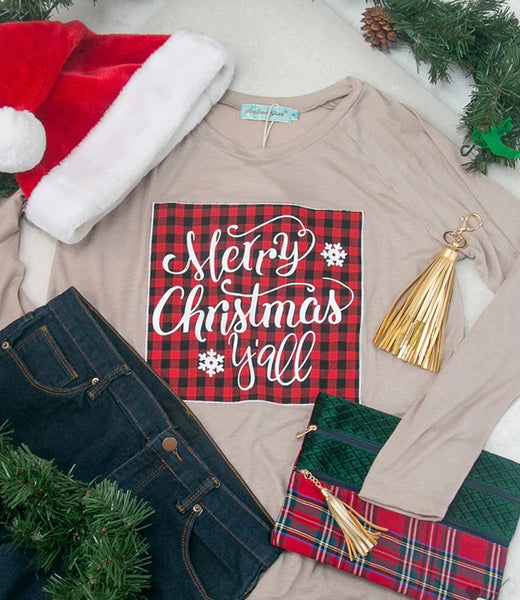 FINAL SALE Beige Merry Christmas Y’all Buffalo Paid Long Sleeve Tee