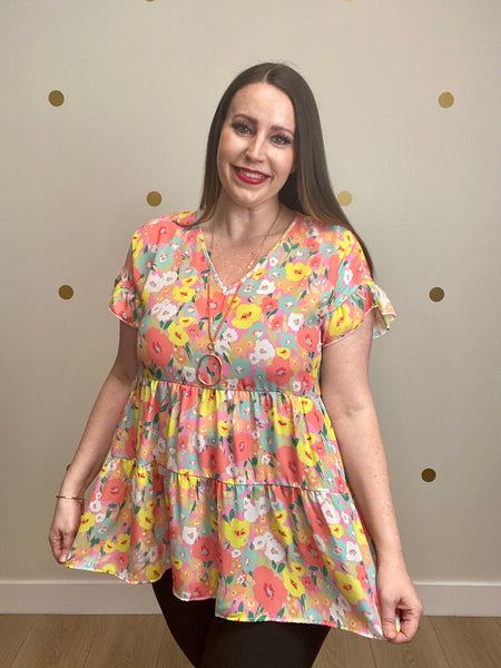 FINAL SALE Pink Floral Tiered Ruffle Sleeve Top