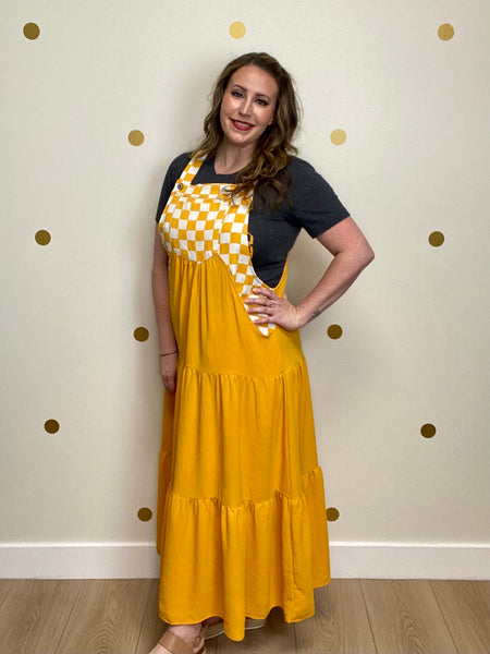 Orange Checkered Overall Pocket Dress