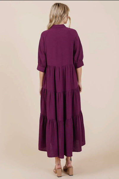 Magenta Button Tiered Maxi Dress