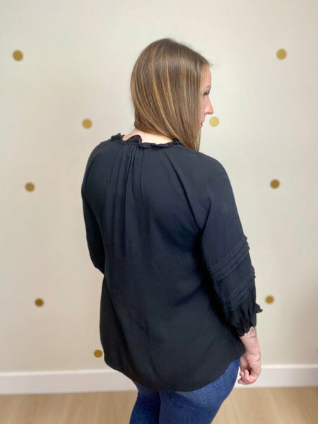 Black Ruffle Neck Puff Sleeve Top