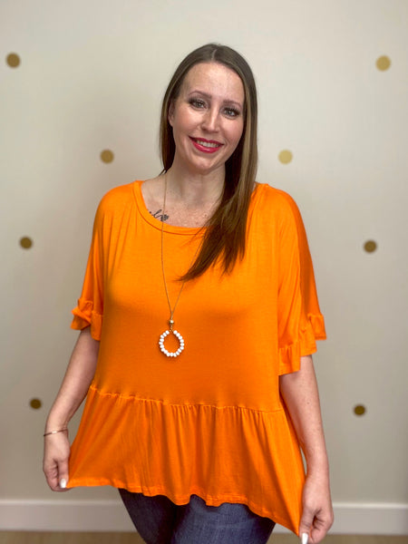 Orange Peplum Ruffle Sleeve Top