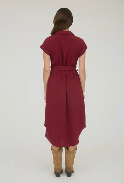 Burgundy Collared Button Down Belted Midi Dress