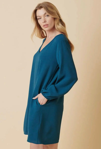 Teal V Neck Balloon Sleeve Dress