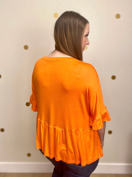 Orange Peplum Ruffle Sleeve Top