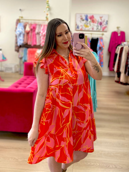 FINAL SALE Coral & Pink Print Tiered Dress