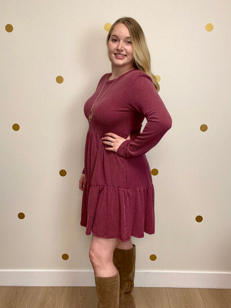 Wine Ribbed Tiered Dress
