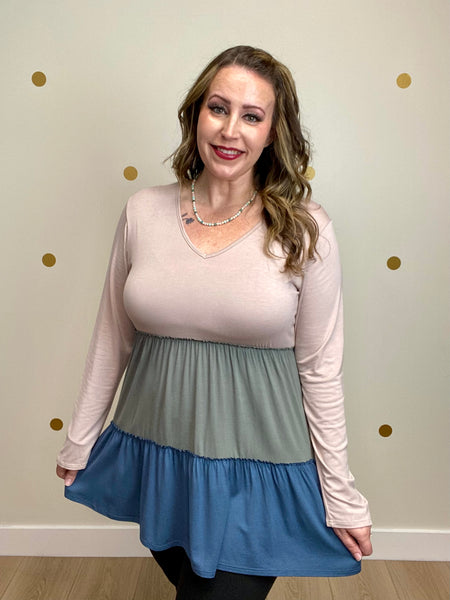 Olive & Teal Color Block Tiered Top