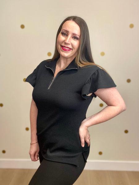 Black Quarter Zip Flutter Sleeve Pullover