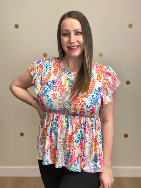 FINAL SALE Ivory Floral Ruffle Sleeve Top