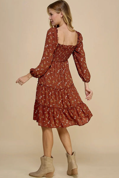 Rust Floral Smocked Tiered Dress