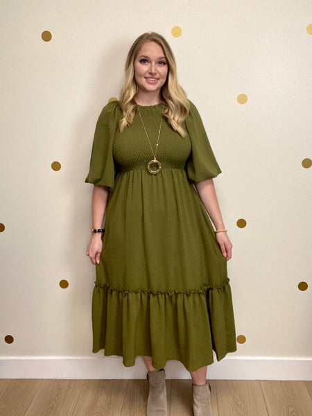 Olive Smocked Tiered Midi Dress