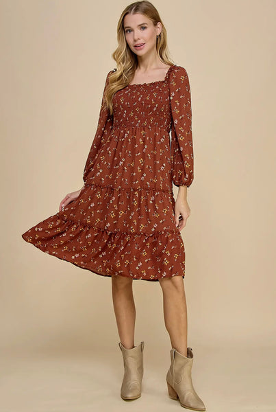 Rust Floral Smocked Tiered Dress